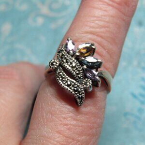 Marcasite Citrine, Blue Topaz and Amethyst Marquise Cut Stone 925 HA Ring Size 6